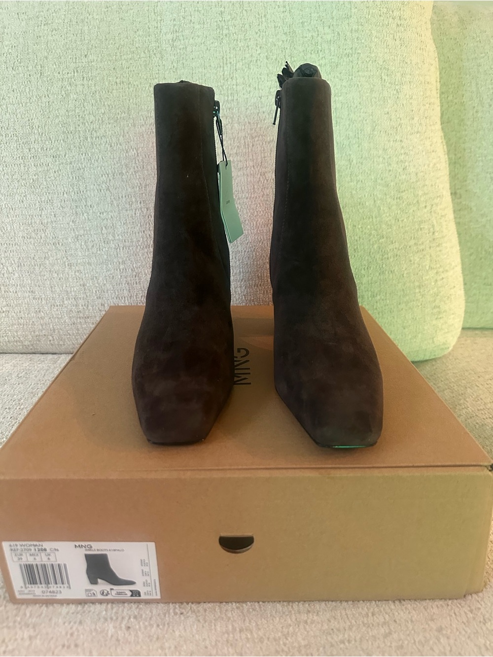 Mango Dark Brown Suede Square-Toe Ankle Booties